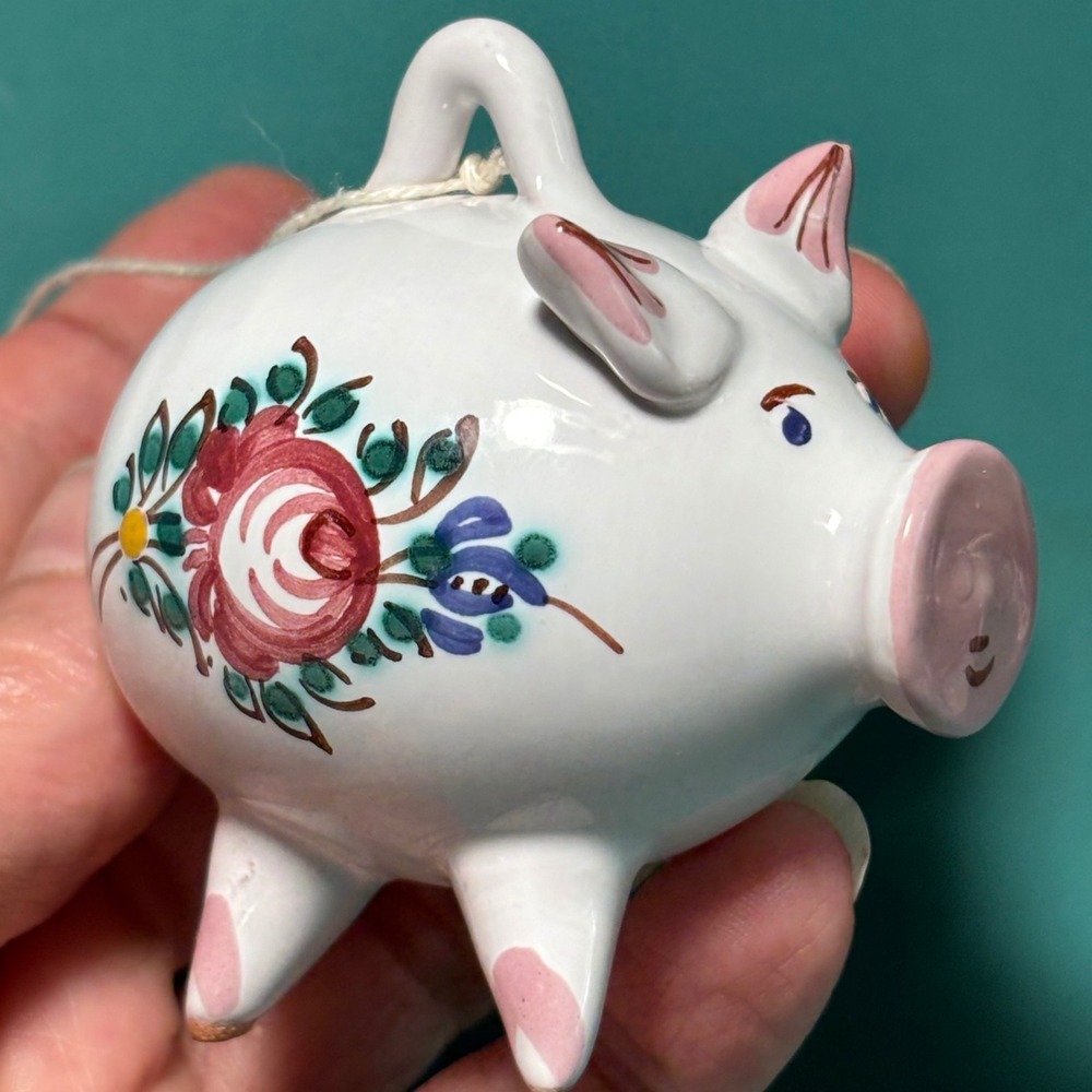 Vintage White Hand Painted Floral Ceramic Pig Hanging Ornament Figurine